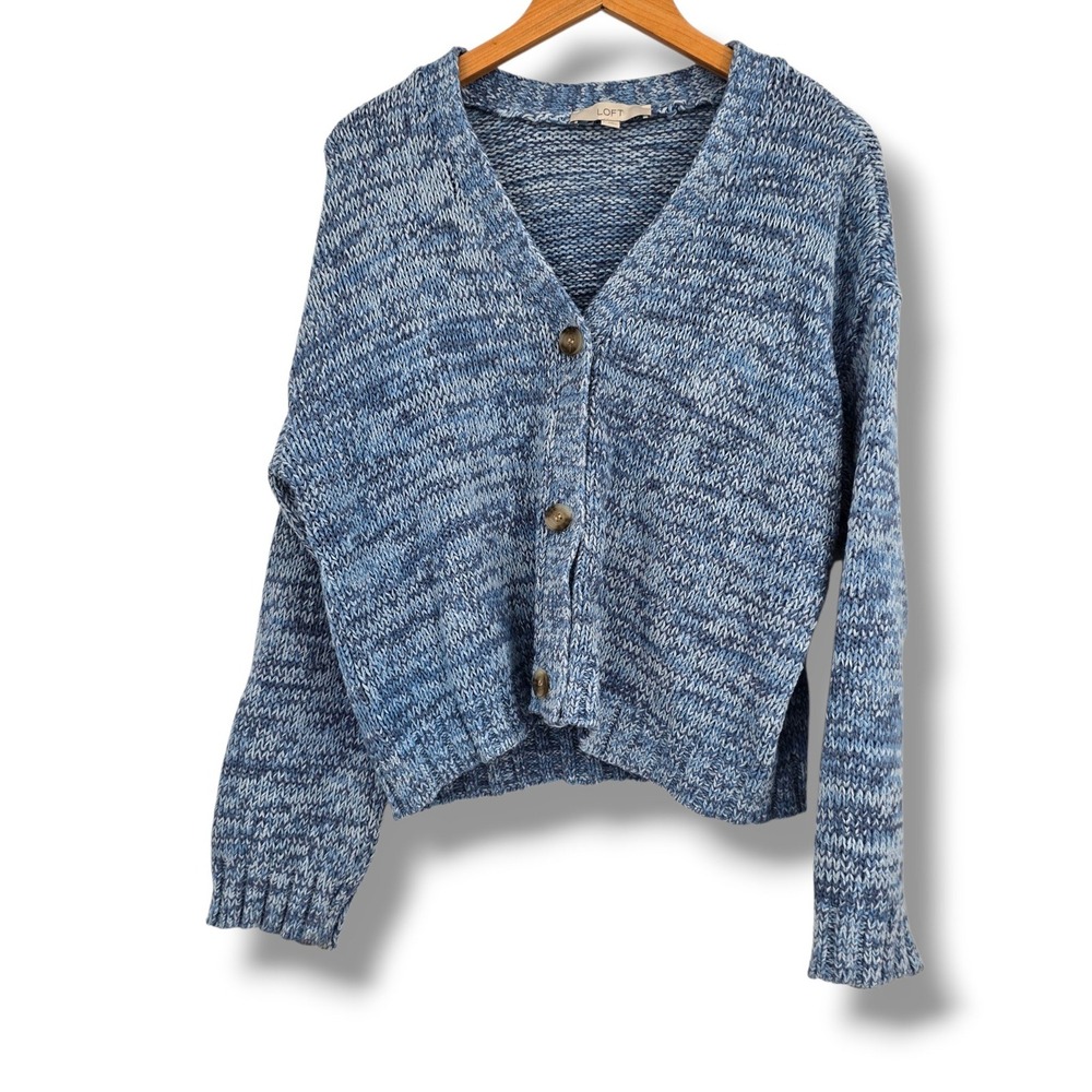 LOFT Womens Blue Space Dye Cotton Blend V-Neck Button Front Cardigan Sweater L